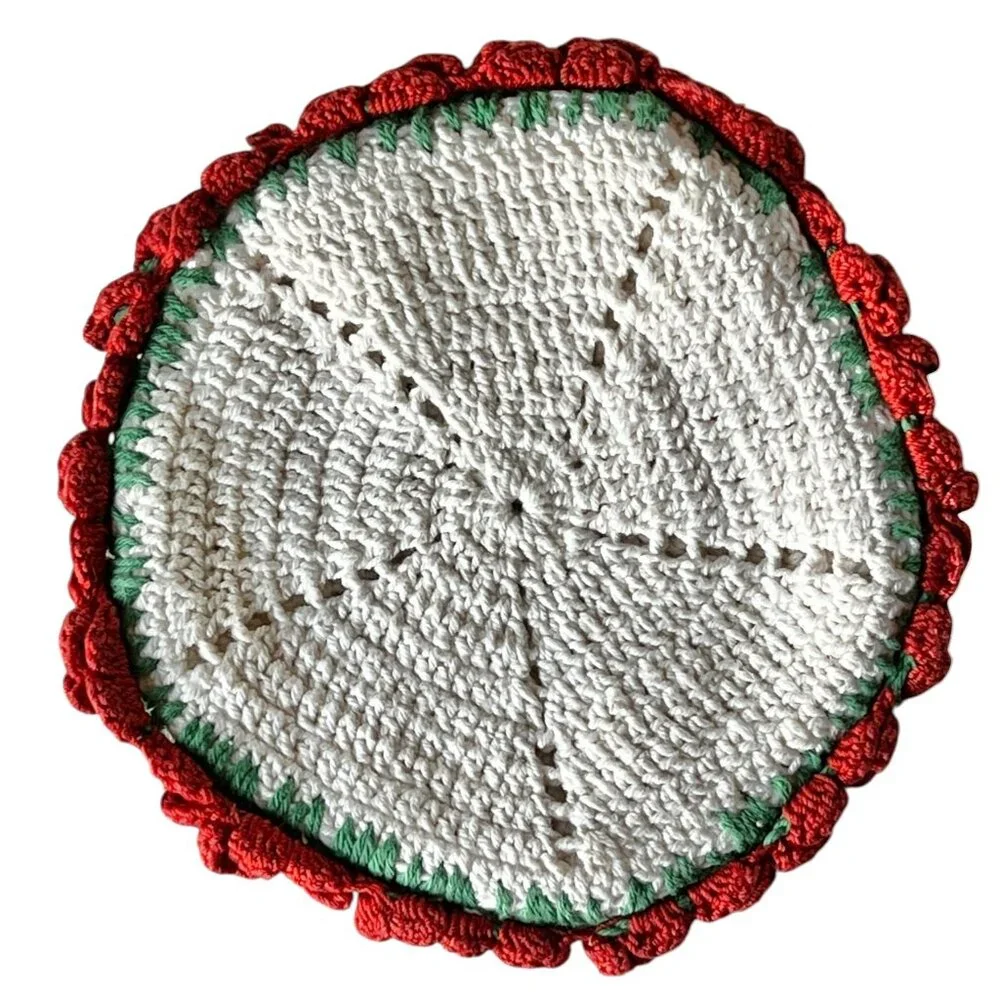 Hand-Crocheted Potholder Red White Hot Pad & Green White Dress with Loop